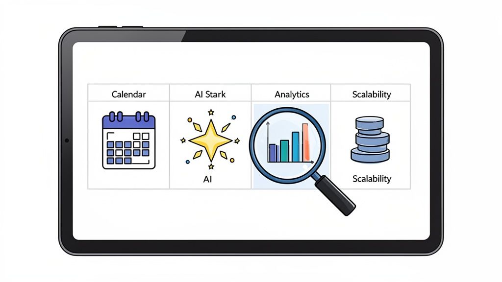 A tablet displays a grid of four icons and labels: Calendar, AI, Analytics, and Scalability, showcasing software features.
