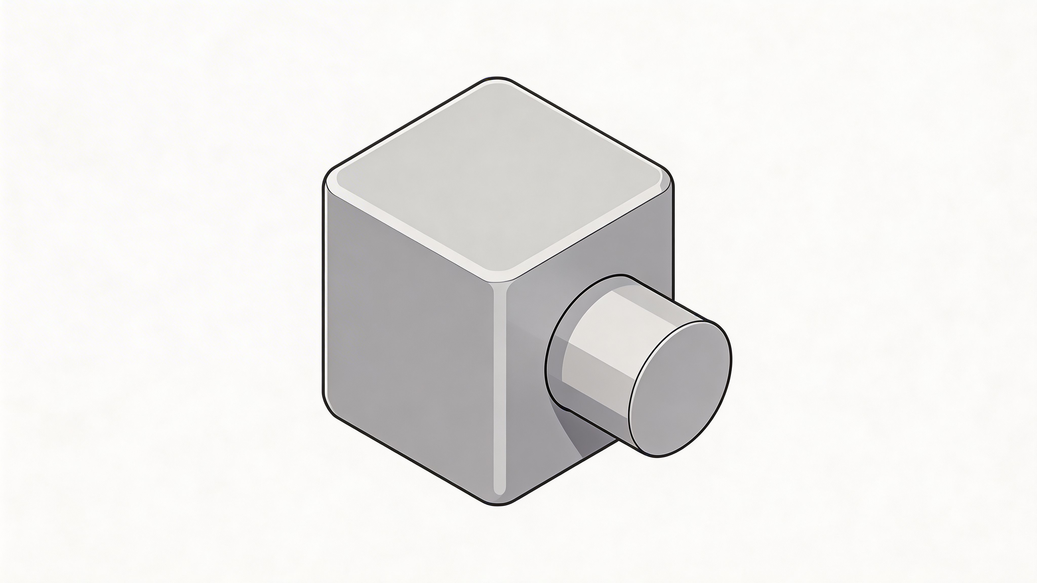 A minimalist isometric 3D render of a gray cube with a protruding cylindrical connector attached.