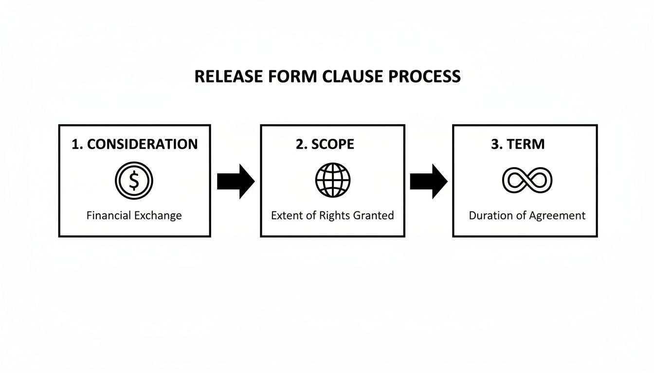 A diagram illustrating the three-step release form clause process: consideration, scope, and term.