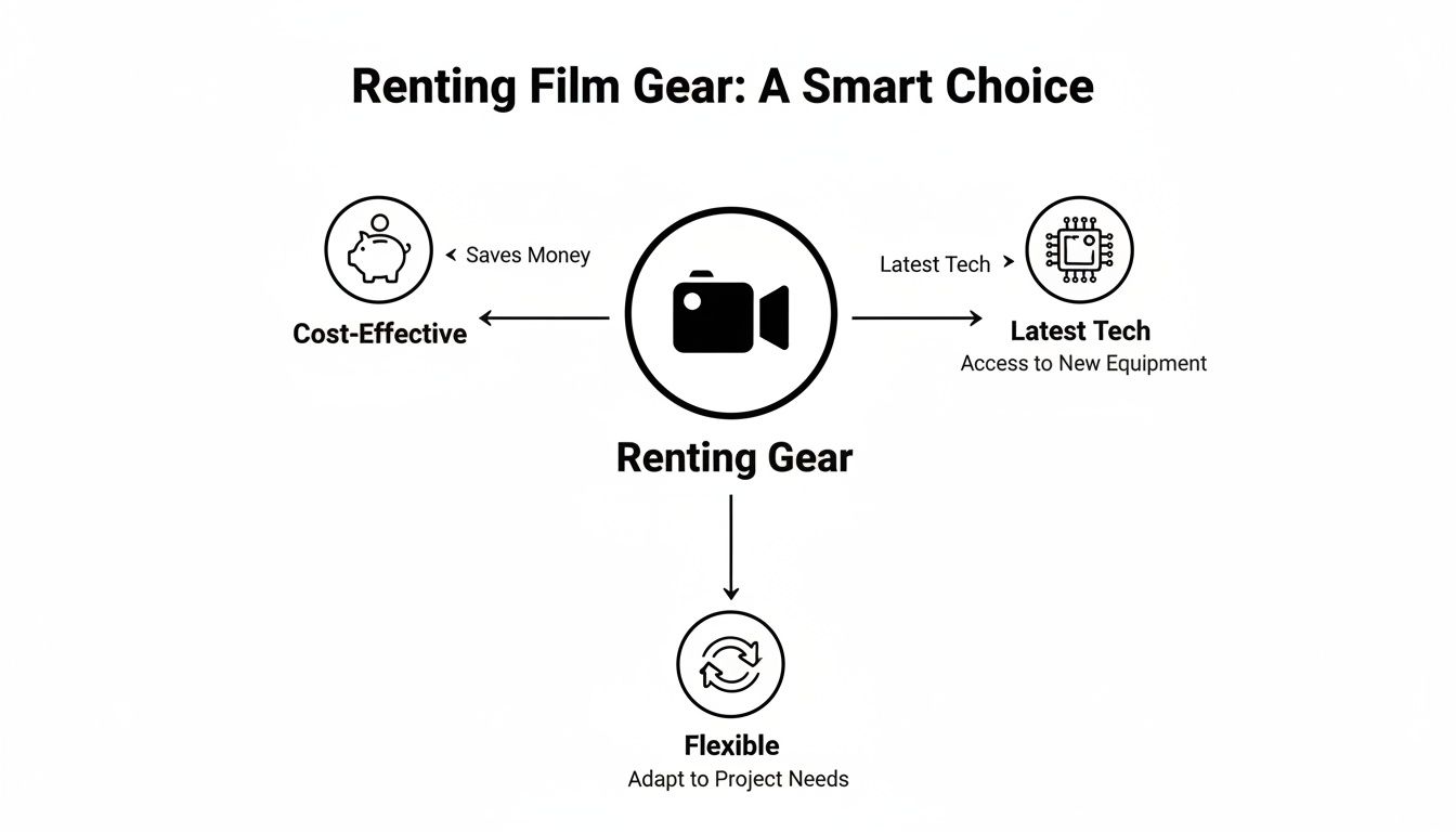 Diagram showing the benefits of renting film gear: cost-effective, latest technology access, and flexibility.
