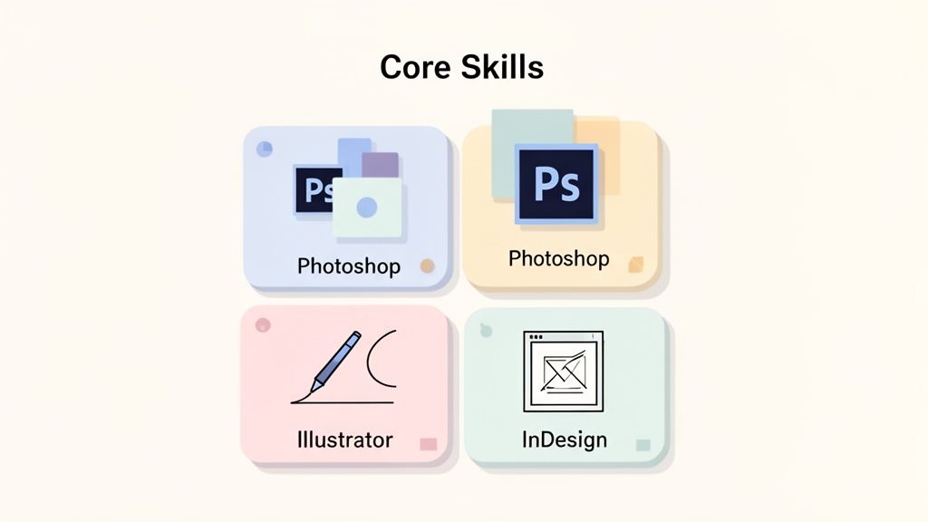 An image displaying core creative skills including Adobe Photoshop, Illustrator, and InDesign, essential for graphic design.