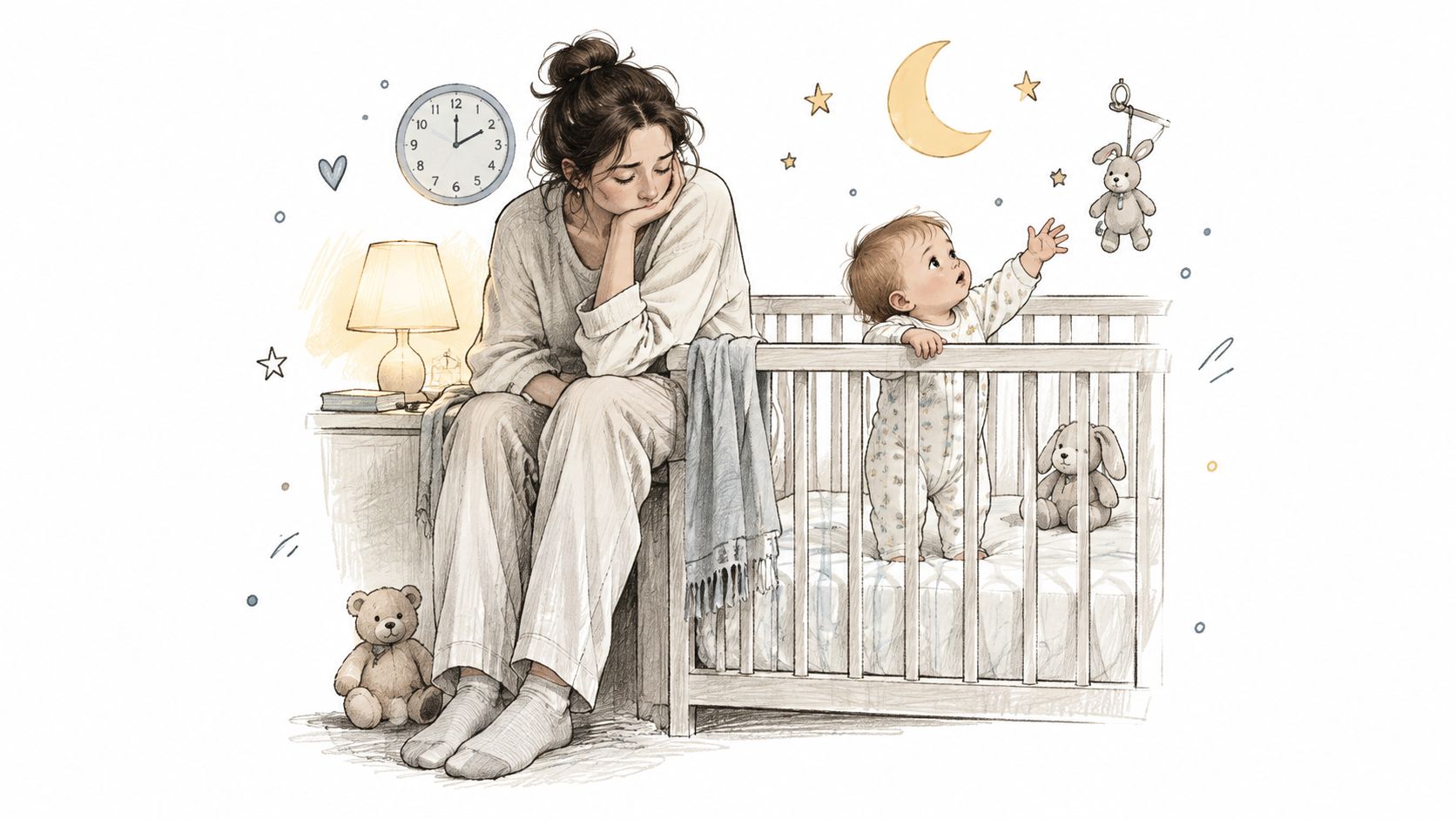 A tired mother sits by a baby crib while her infant plays with a mobile at night.
