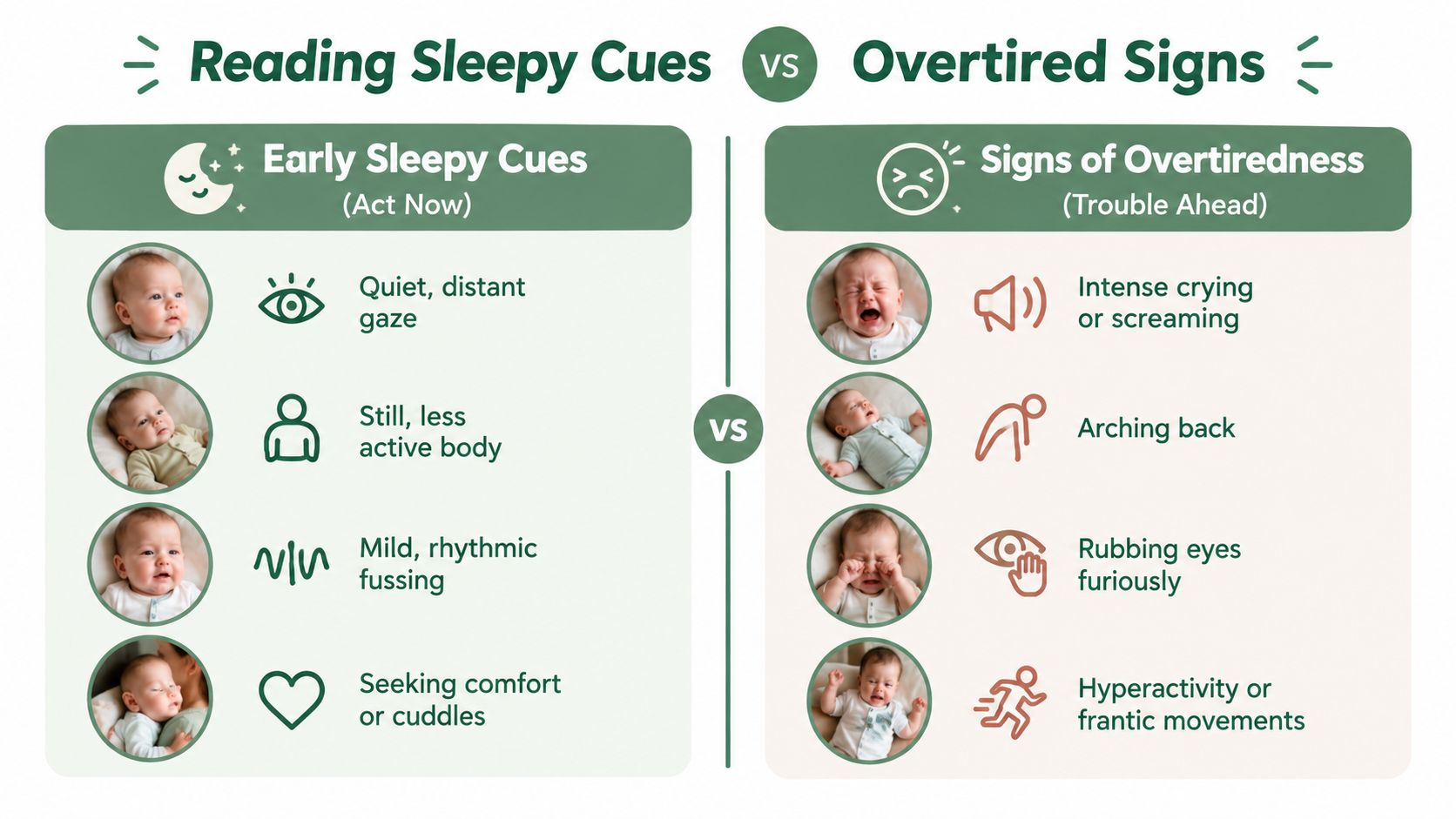 An infographic comparing early sleepy cues versus signs of overtiredness in babies with illustrative photos and icons.