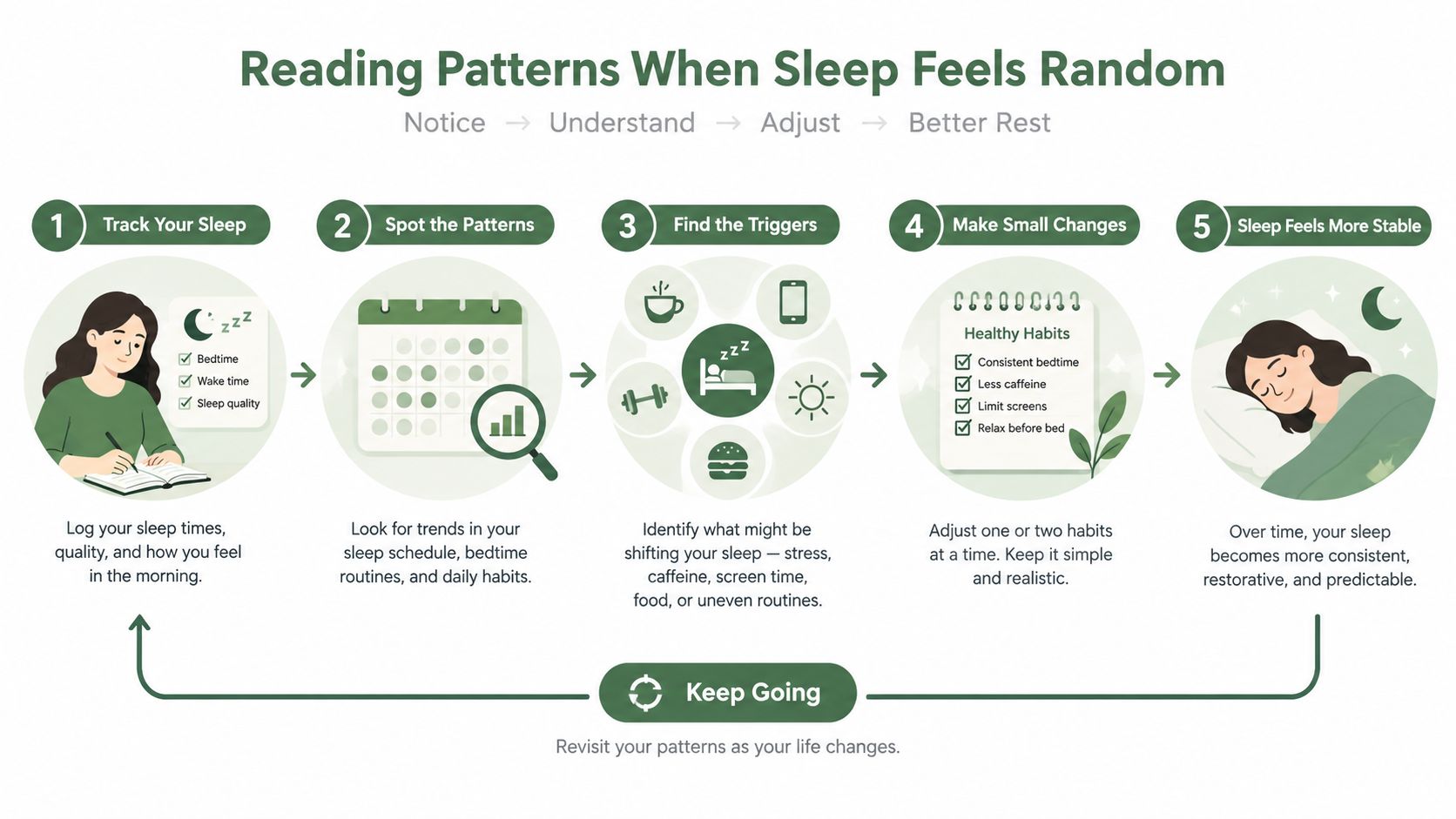 A five-step infographic showing how to track sleep habits to improve rest and establish consistent routines.