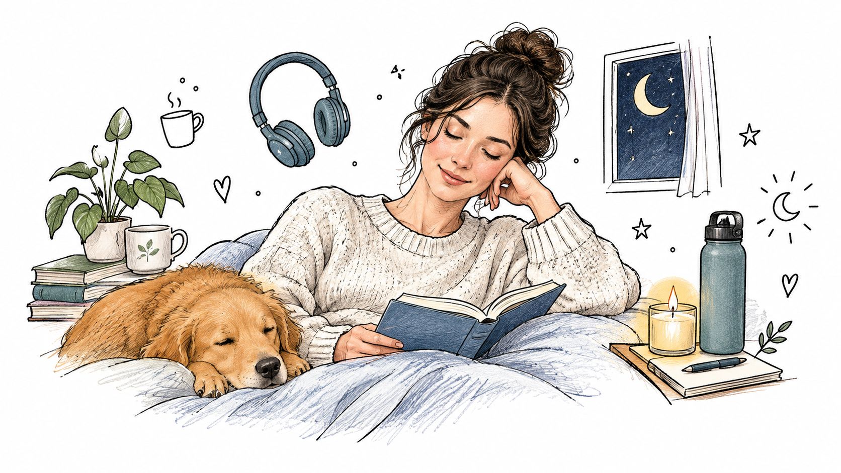 A cozy illustration of a young woman reading a book in bed with her golden retriever dog.