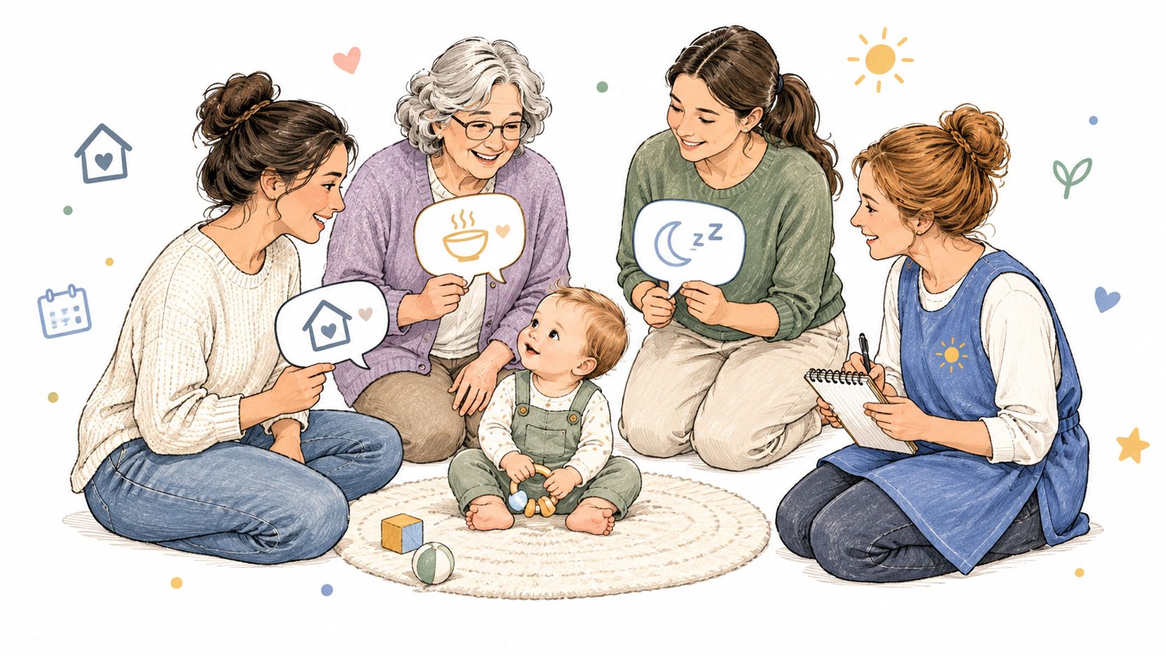 A diverse group of women caregivers interact with a 10 month old baby during a developmental checkup.
