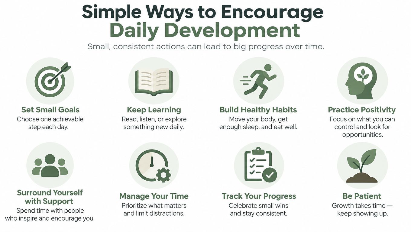 An infographic titled Simple Ways to Encourage Daily Development with eight tips for personal self-improvement.