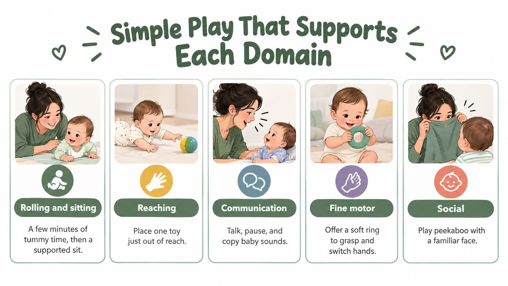 An infographic illustrating five simple developmental play activities for infants to support their growth and milestone development.