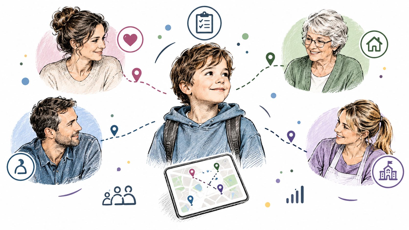 An illustration of a child surrounded by family members and icons representing care and navigation.
