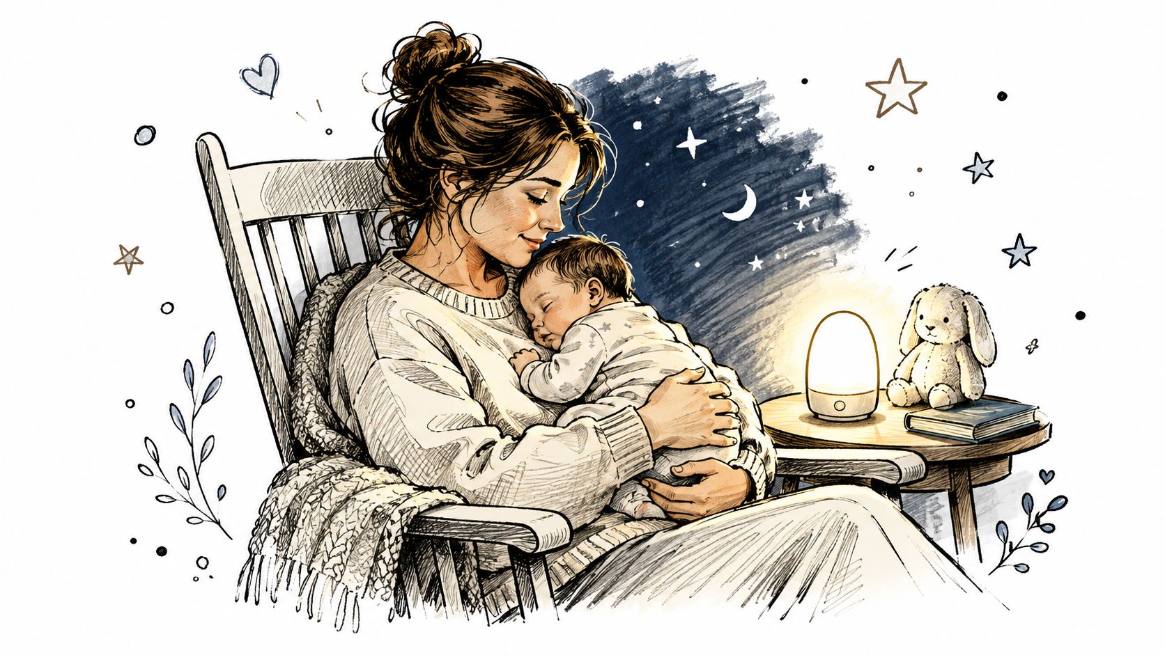 A mother gently rocking her sleeping newborn baby in a chair beside a soft glowing night light