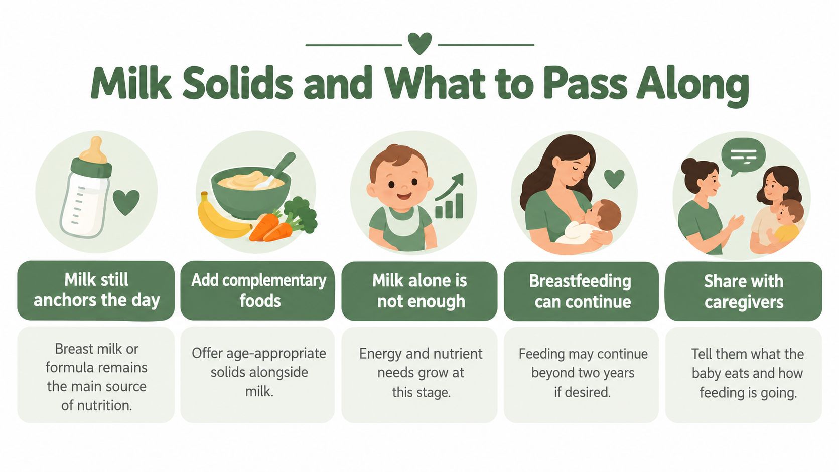 A helpful infographic about feeding babies solids alongside breast milk or formula during developmental stages.