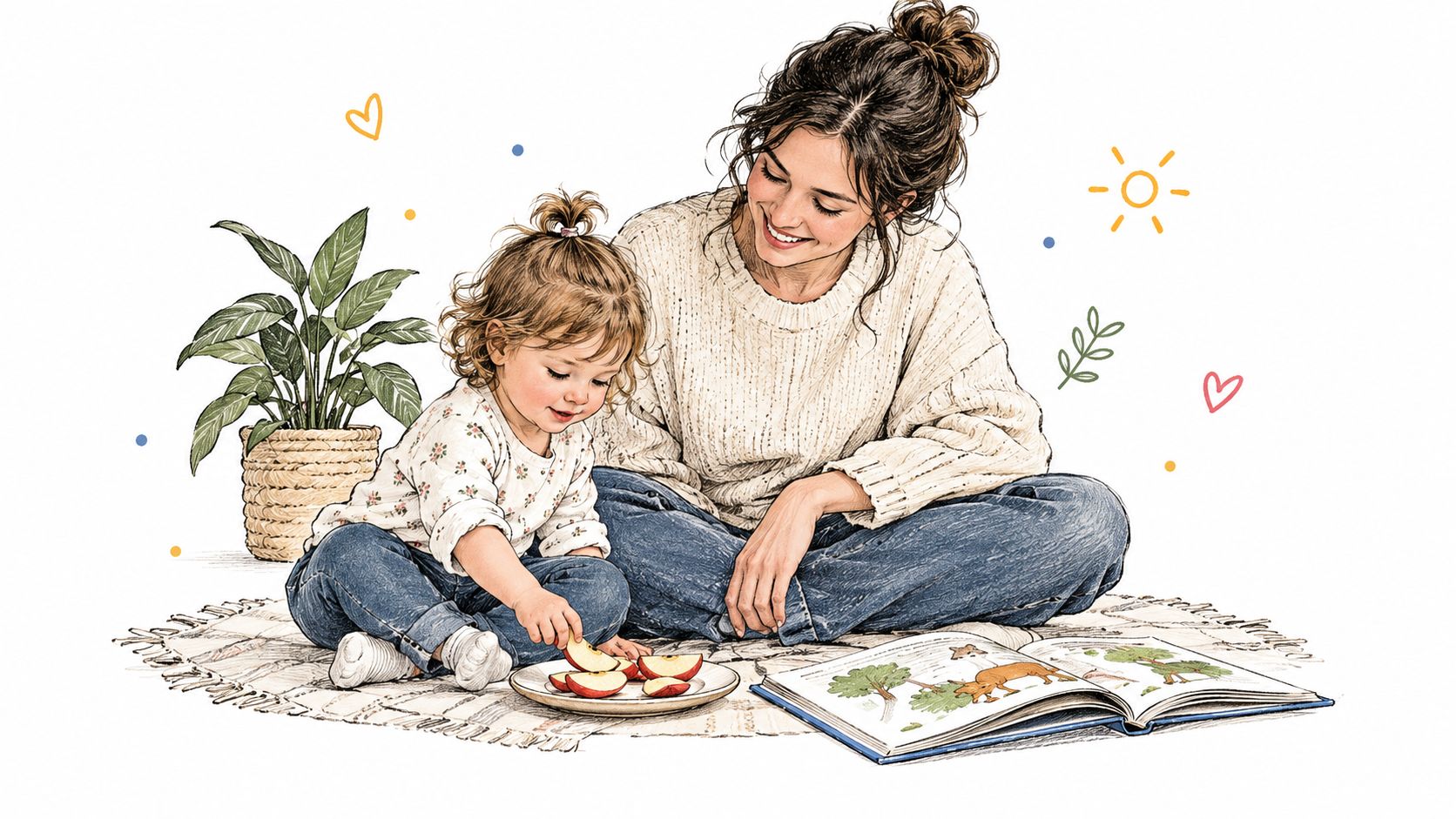 A young mother sitting on a rug reading a book to her toddler who is eating apple slices.