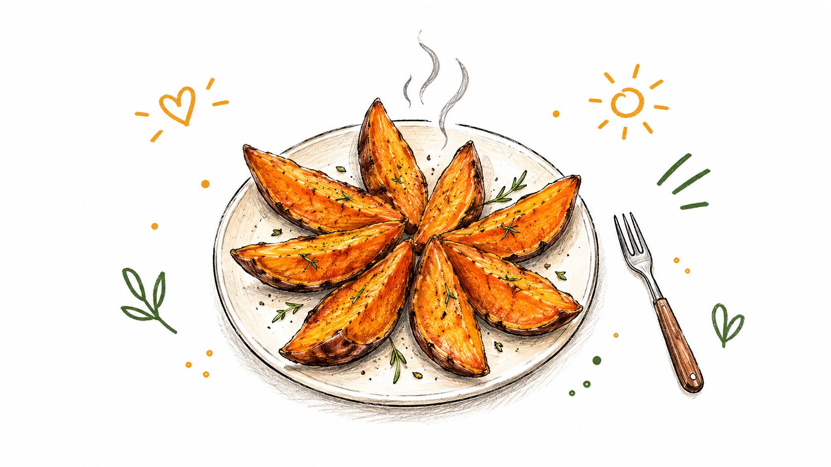 A hand-drawn illustration of golden brown sweet potato wedges served on a round plate with a fork.