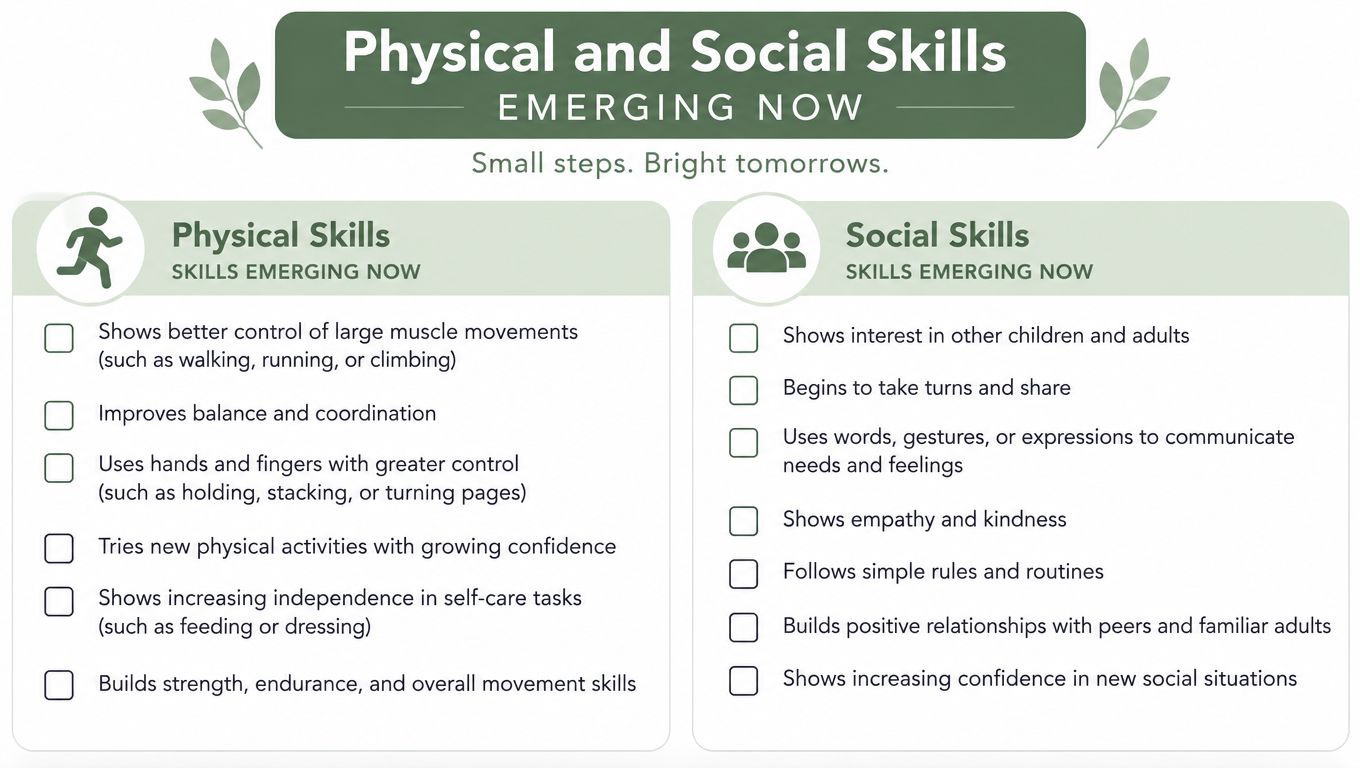 A checklist highlighting developmental physical and social skills emerging in young children during early growth.