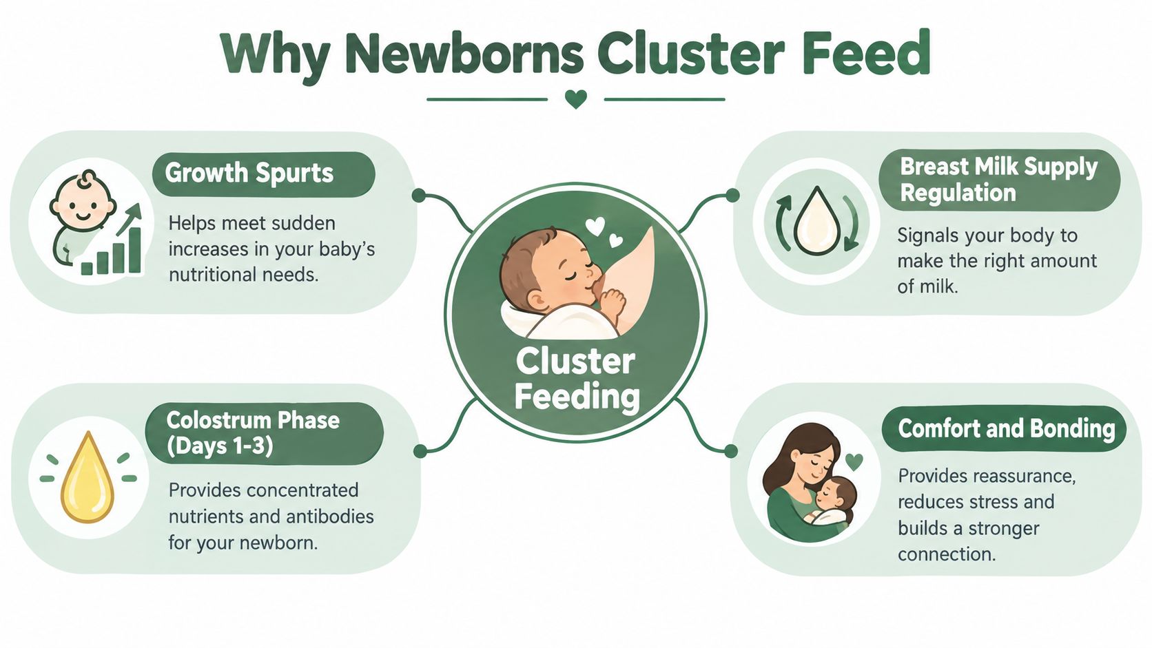 An infographic titled Why Newborns Cluster Feed explaining four main reasons including growth spurts and bonding.