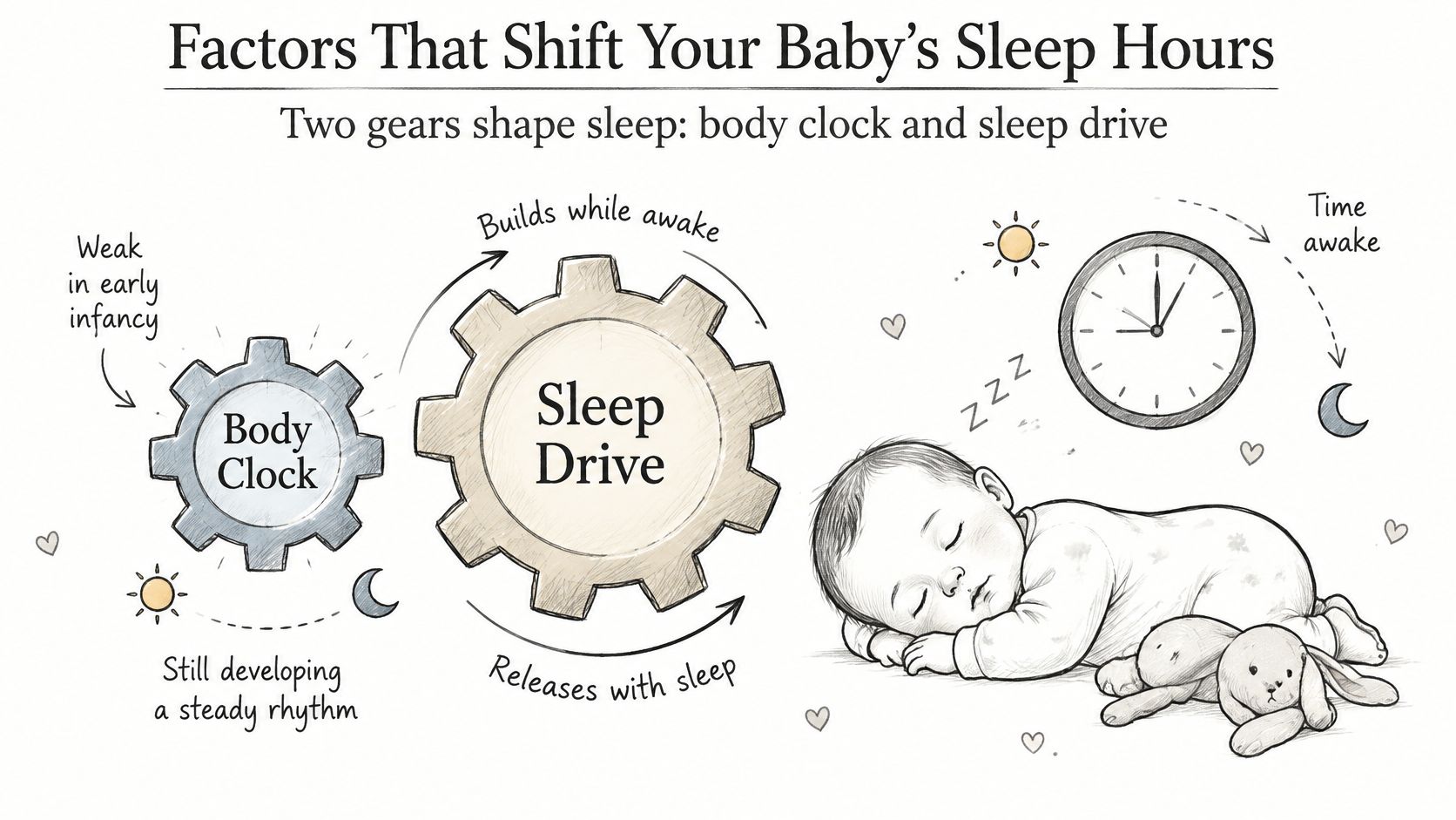 An infographic showing two gears representing the body clock and sleep drive as factors in baby sleep.