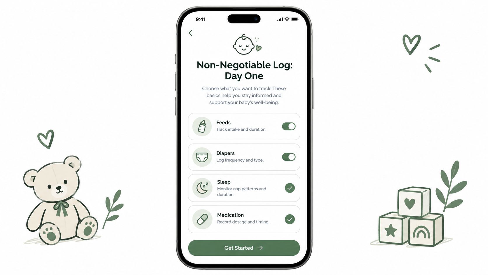 A smartphone screen displaying a baby tracker app setup page with options to log feeds, diapers, sleep, and medication.