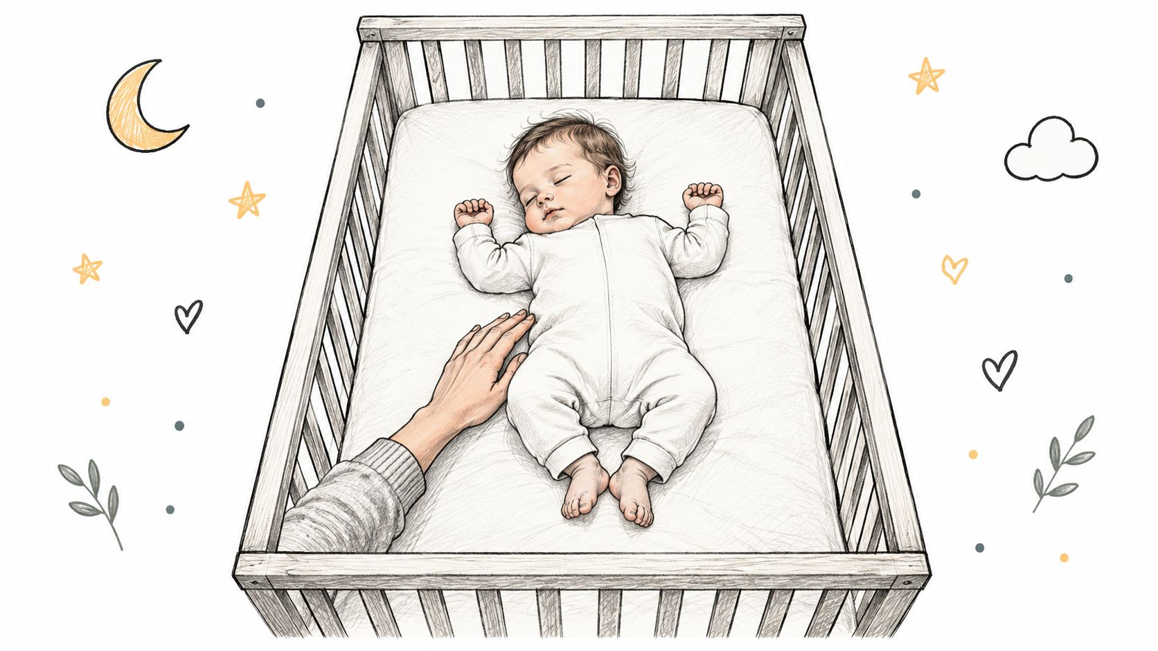 A hand gently touching a sleeping baby in a wooden crib, symbolizing comfort during sleep training.