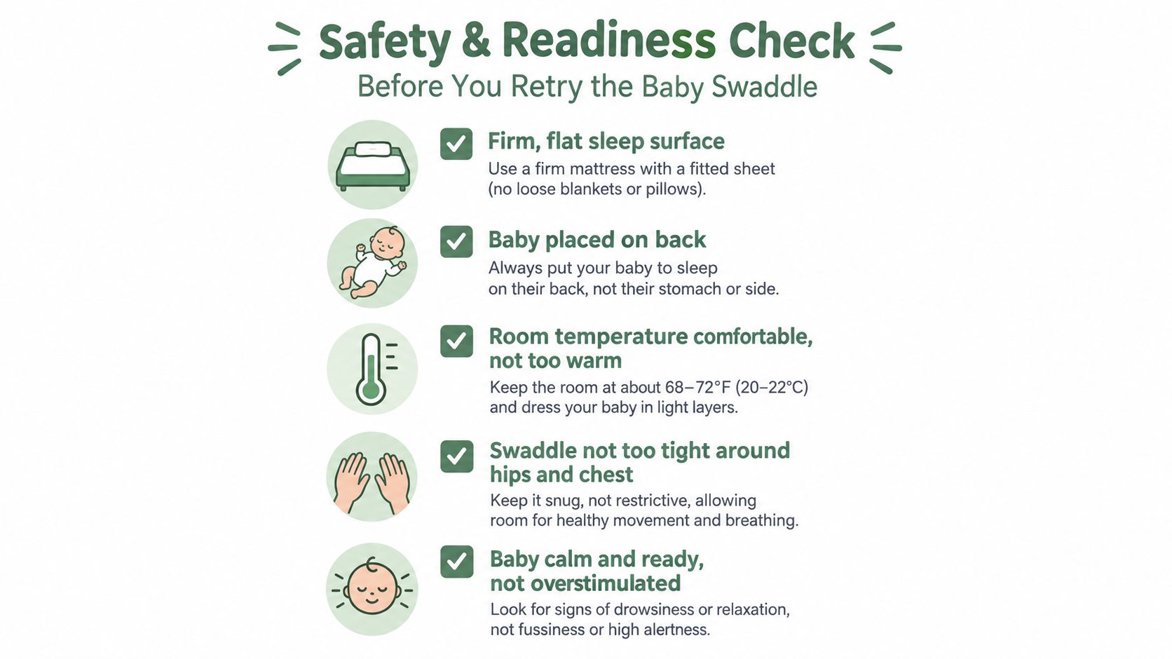 A safety checklist infographic for parents on how to properly and safely swaddle their baby for sleep.