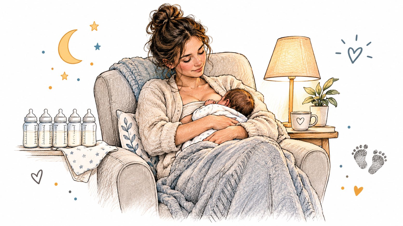 A gentle sketch of a mother breastfeeding her newborn baby in an armchair during the night.