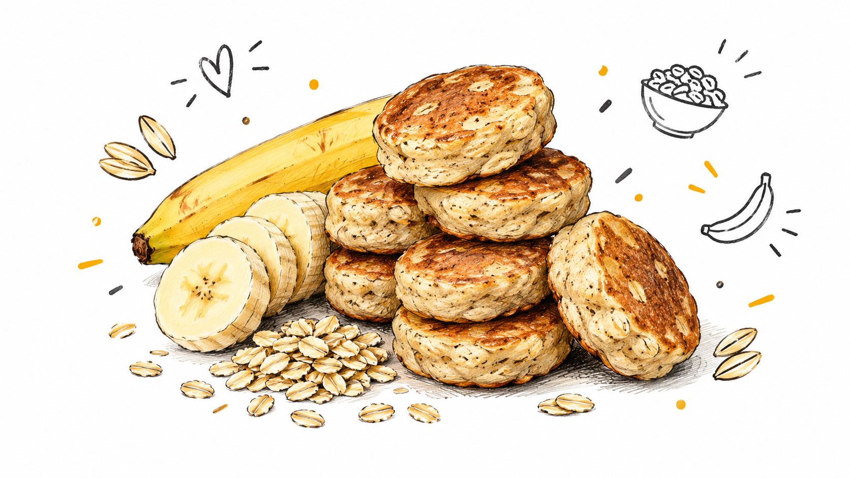 A hand-drawn illustration showing a stack of banana oatmeal pancakes, sliced bananas, and raw rolled oats.