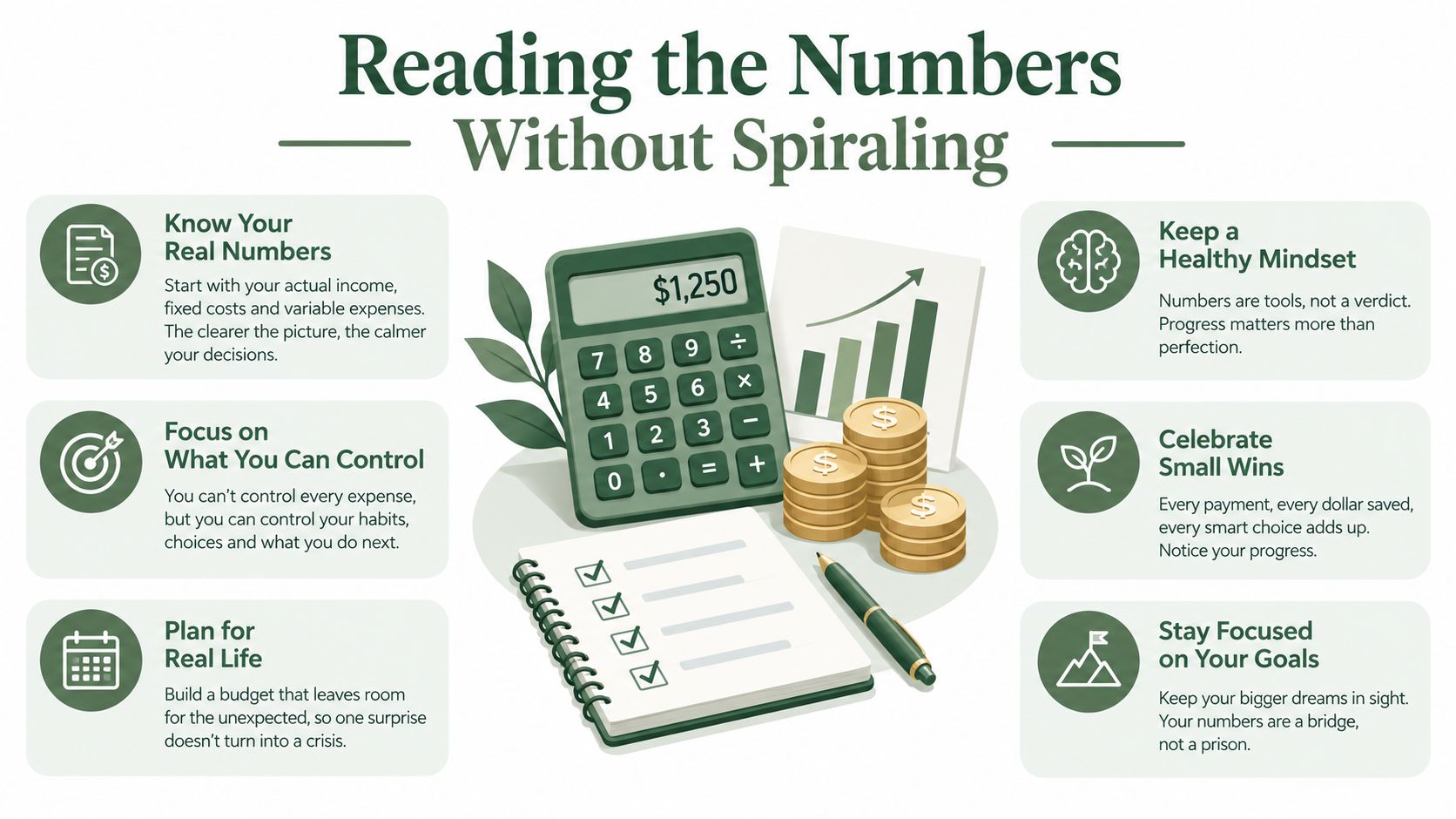 An infographic titled Reading the Numbers Without Spiraling with tips for managing personal finances and budget.