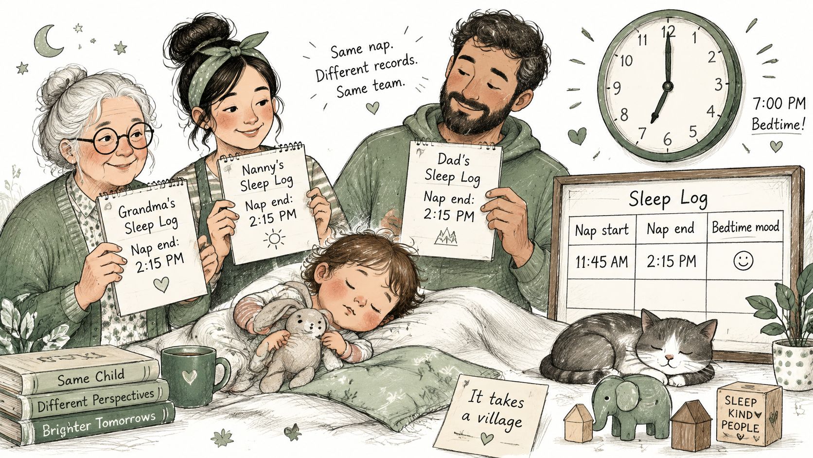 A family surrounding a sleeping toddler, recording nap times on separate logs to demonstrate collective child-rearing support.