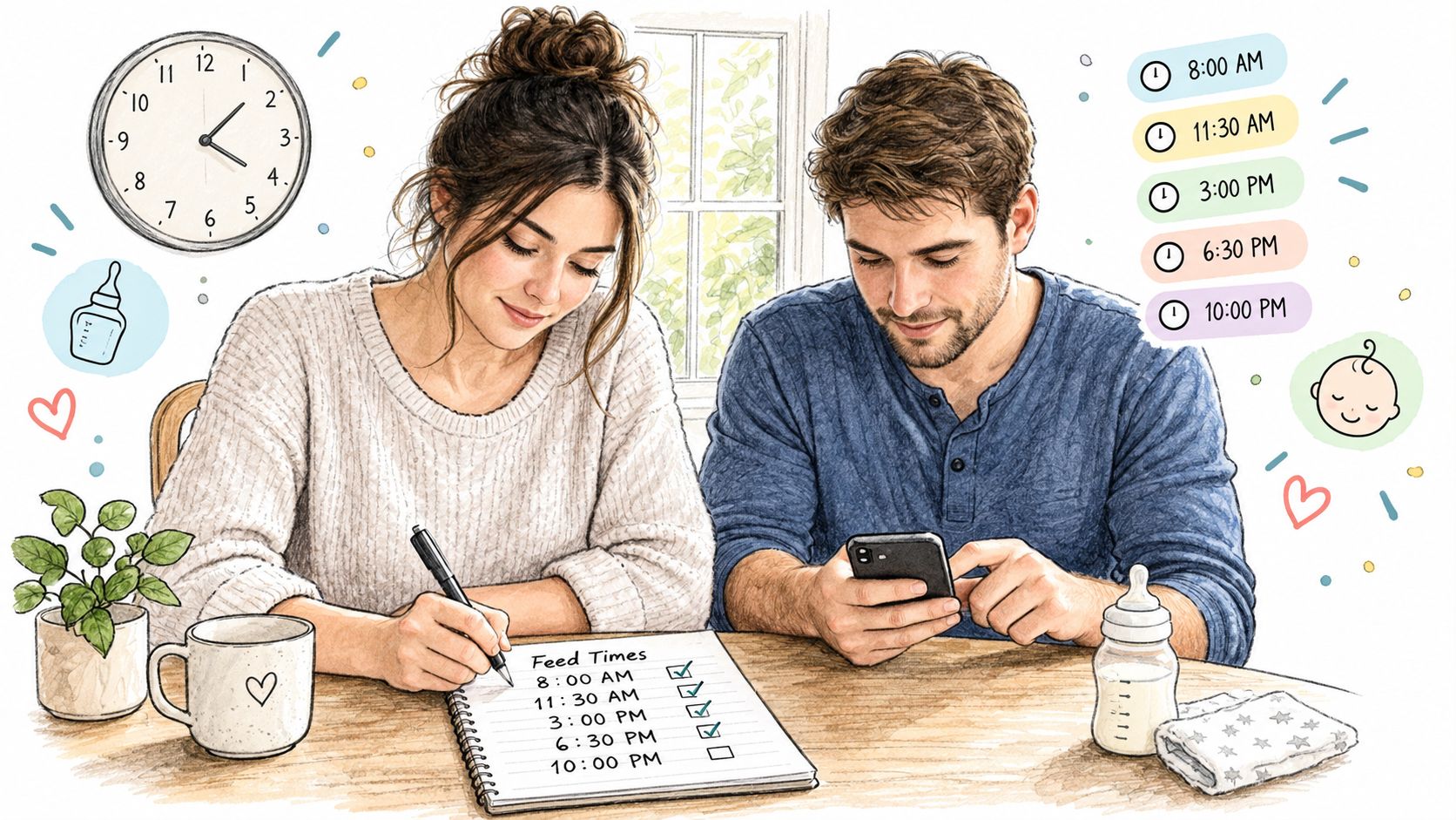A couple sits at a wooden table together, carefully tracking their baby's daily feeding schedule in a notebook.