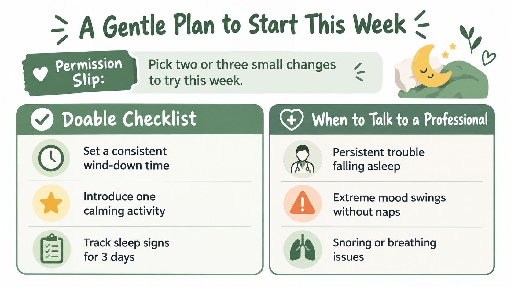 A helpful infographic titled A Gentle Plan to Start This Week, outlining sleep tips and professional advice.