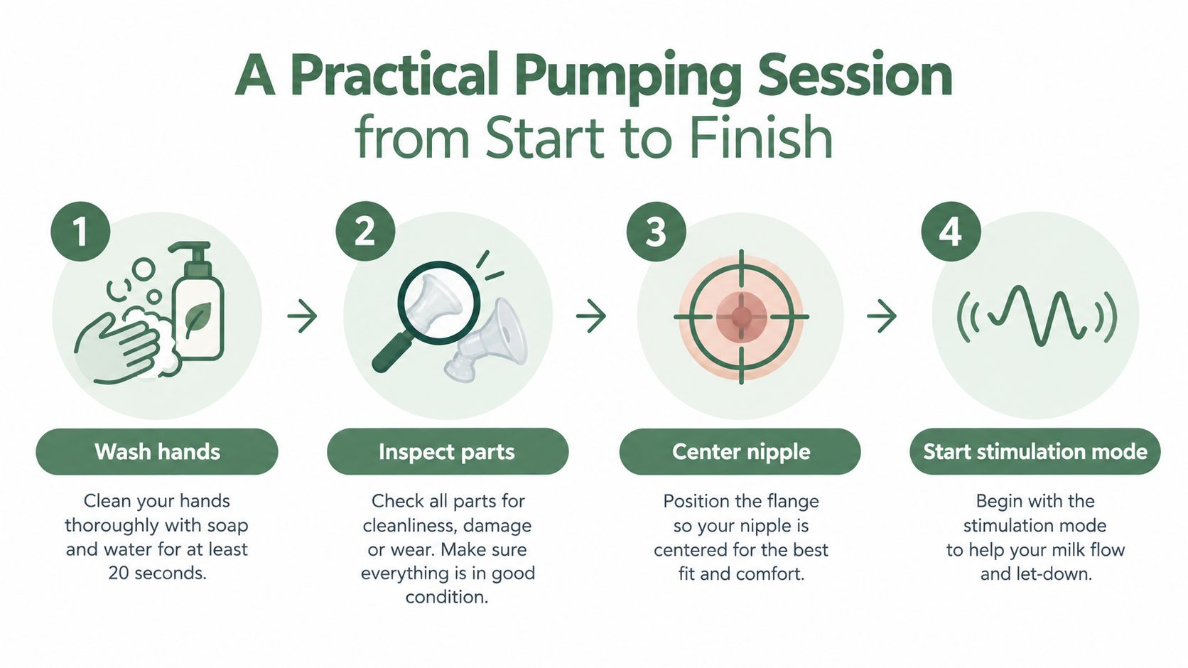 An infographic showing four steps for a practical breastfeeding pumping session from start to finish.