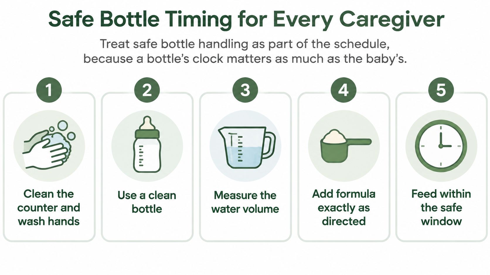 An infographic showing five steps for safe bottle feeding for babies, including hygiene and measurement tips.
