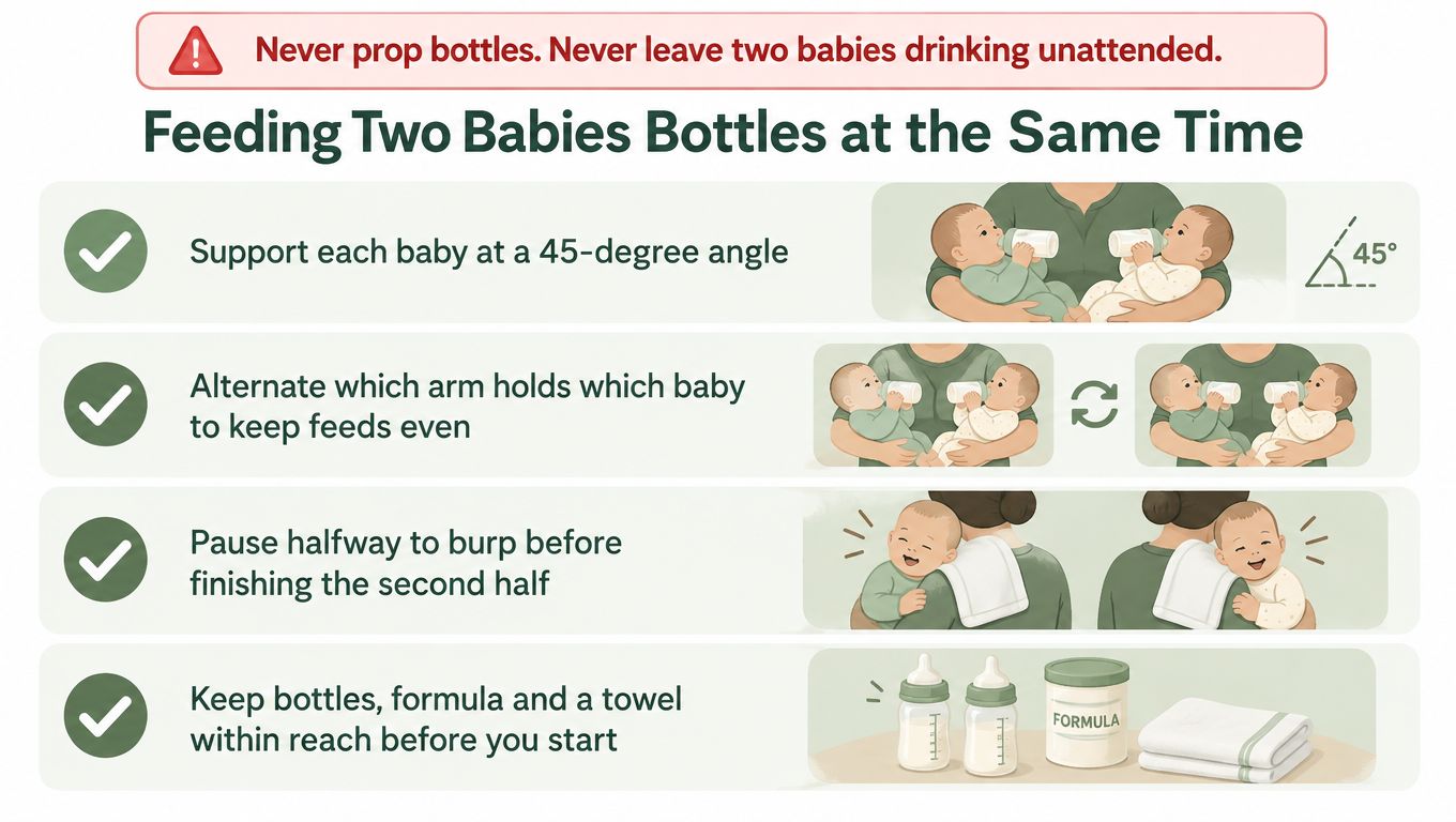 An infographic showing tips on how to safely feed two babies bottles at the same time.