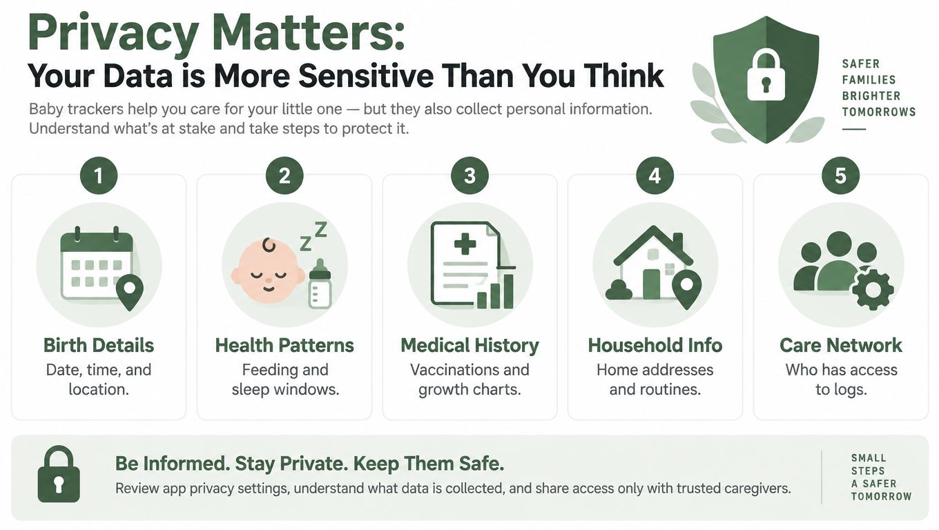 An infographic titled Privacy Matters illustrating five types of sensitive data collected by baby tracker apps.