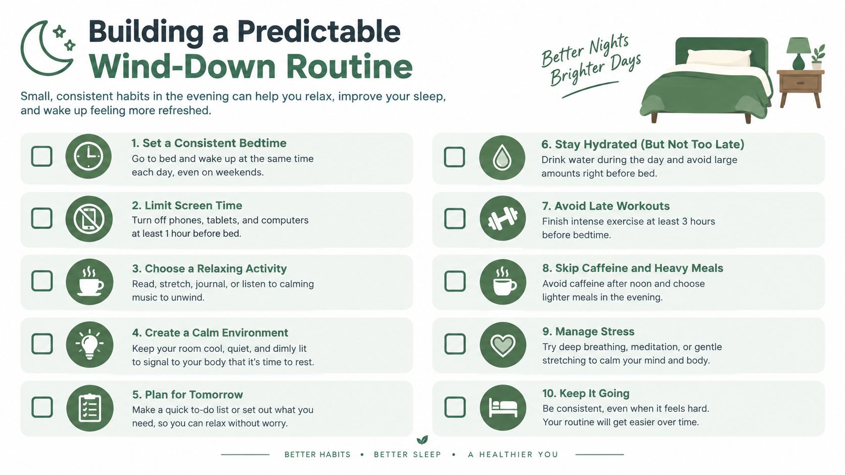 An infographic titled Building a Predictable Wind-Down Routine, listing ten healthy habits for improving sleep quality.