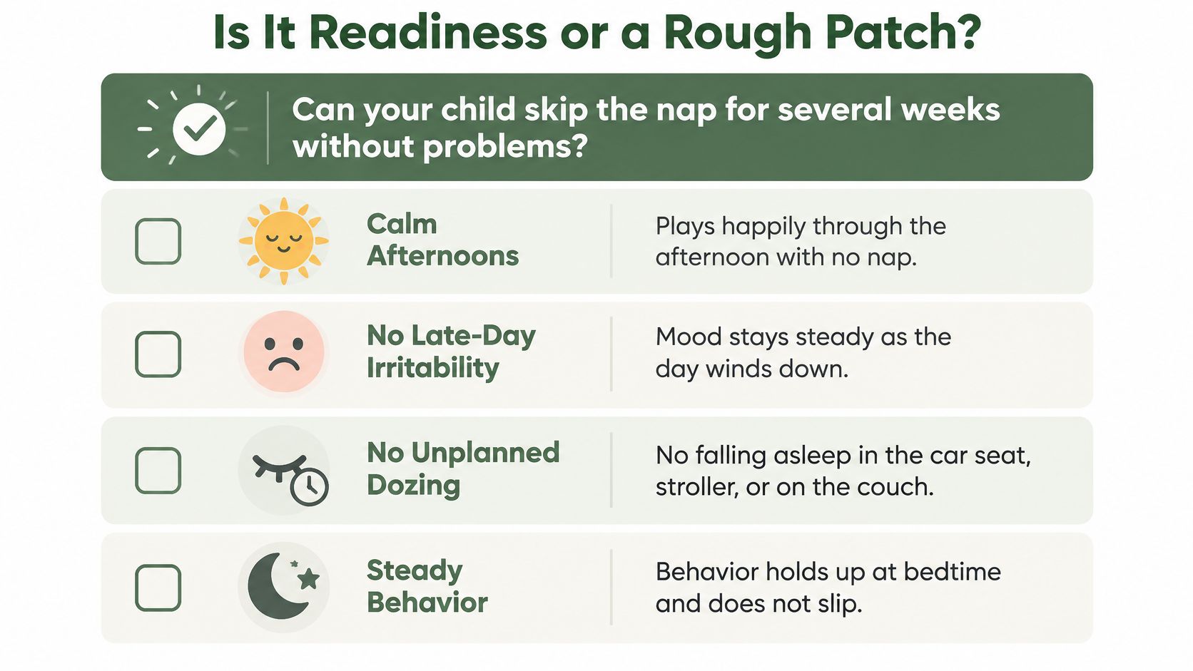 A checklist chart titled Is It Readiness or a Rough Patch for determining if toddlers stop napping.