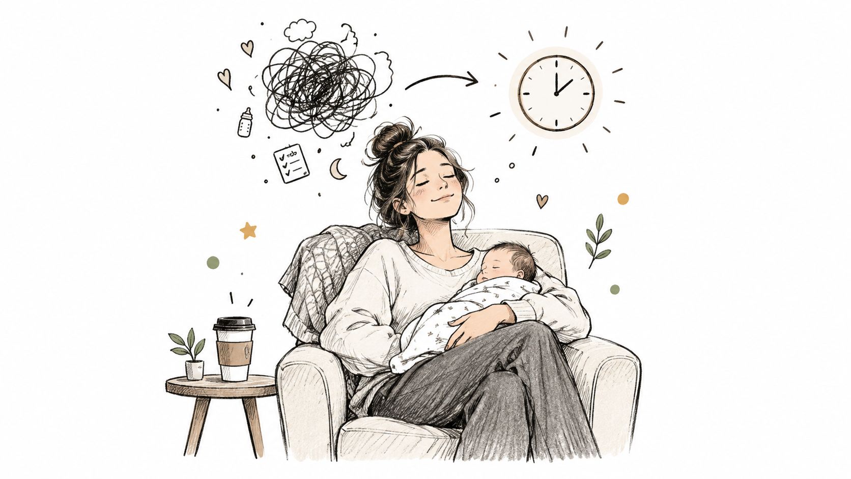 A relaxed mother holding her sleeping newborn baby in a comfortable chair, representing a peaceful motherhood transition.