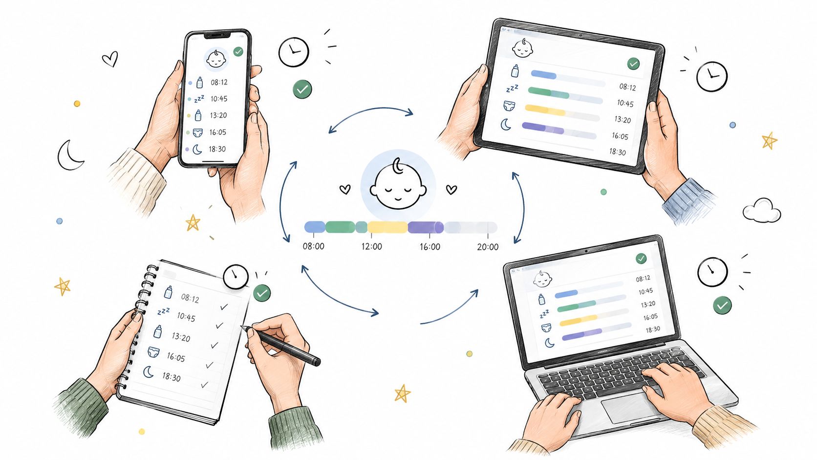 A digital illustration shows a baby routine tracked across a smartphone, tablet, laptop, and notebook simultaneously.