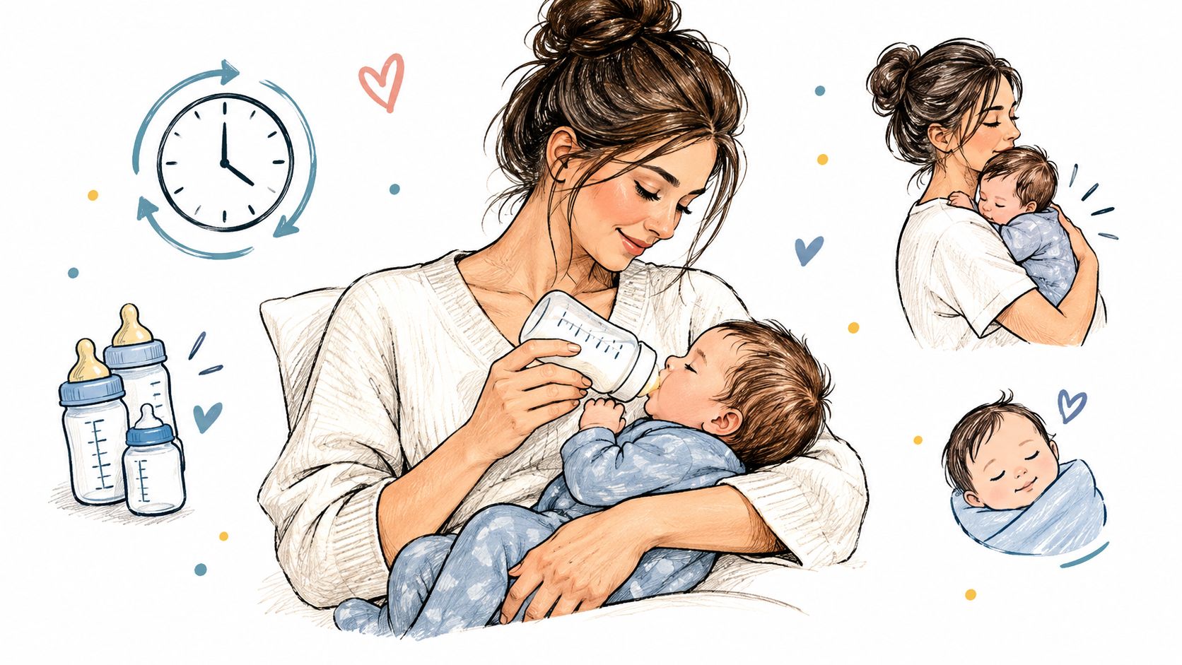 A gentle illustration of a mother bottle-feeding and cuddling her newborn baby with clocks and feeding bottles.