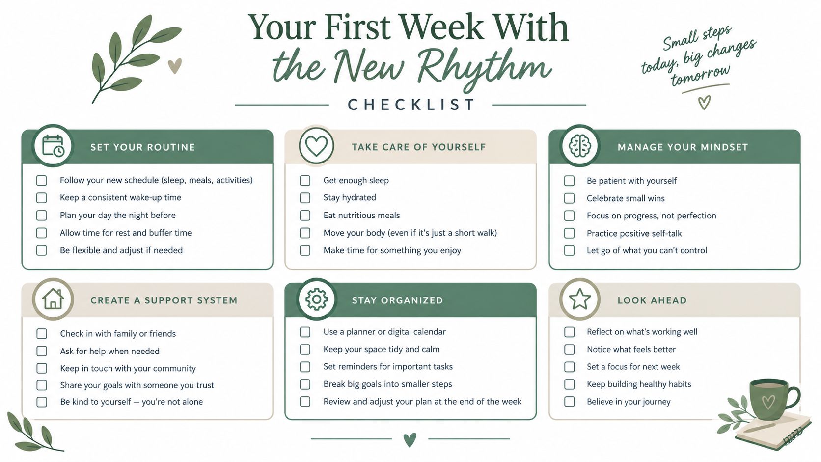 A checklist titled Your First Week With the New Rhythm, featuring six categories for daily habit building.