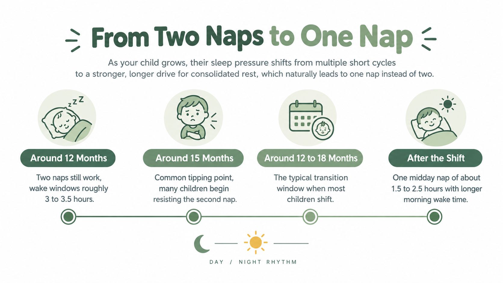 A developmental infographic illustrating the timeline for transitioning a child from two naps to one nap.