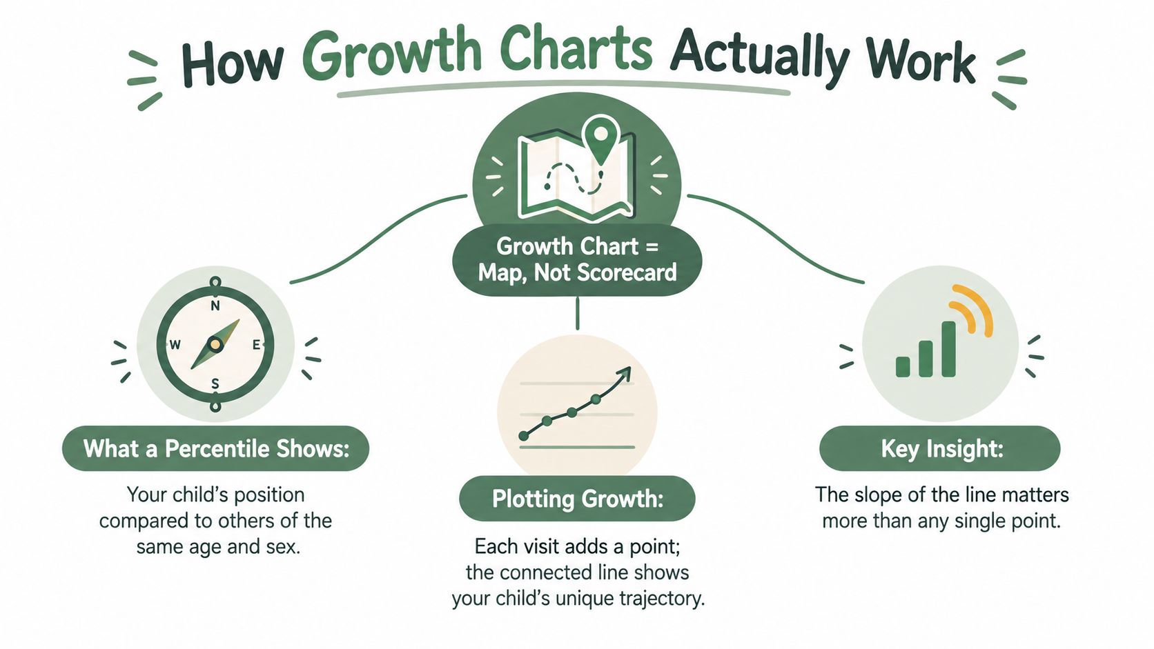 An infographic explaining that growth charts are maps for tracking a child's unique developmental trajectory over time.