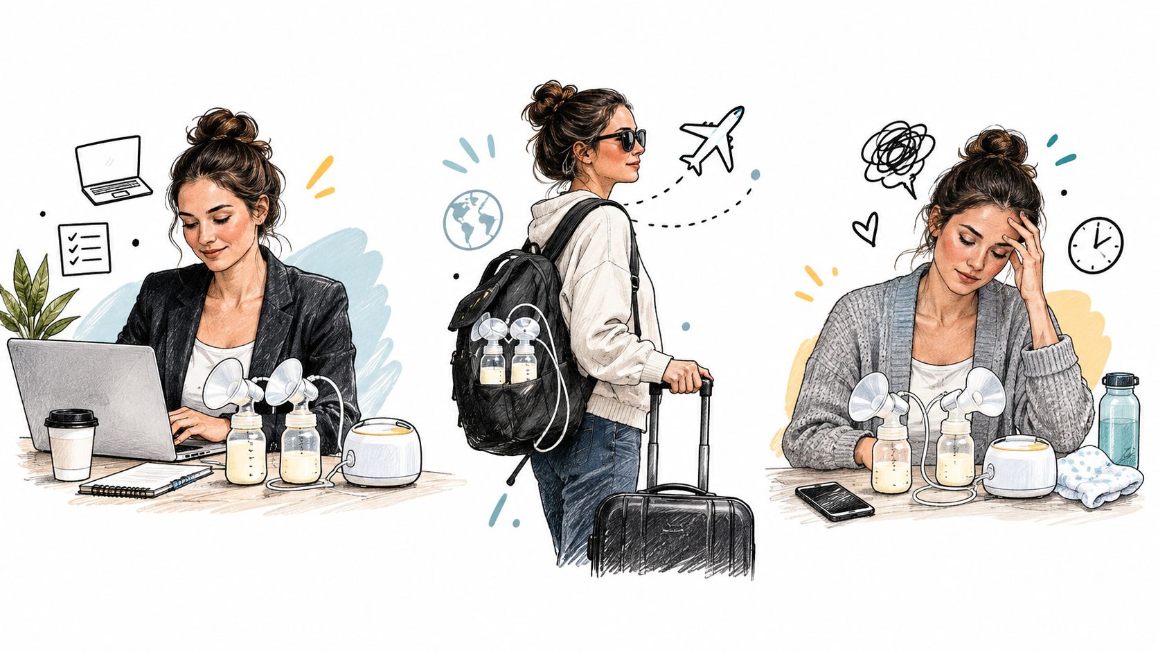 Three illustrations showing a woman breast pumping while working, traveling, and feeling exhausted from breastfeeding challenges.