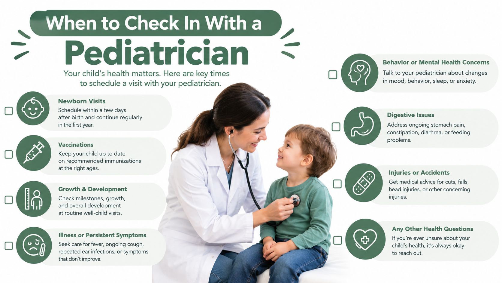 A pediatrician examining a young boy, with a checklist of health reasons to visit the doctor.
