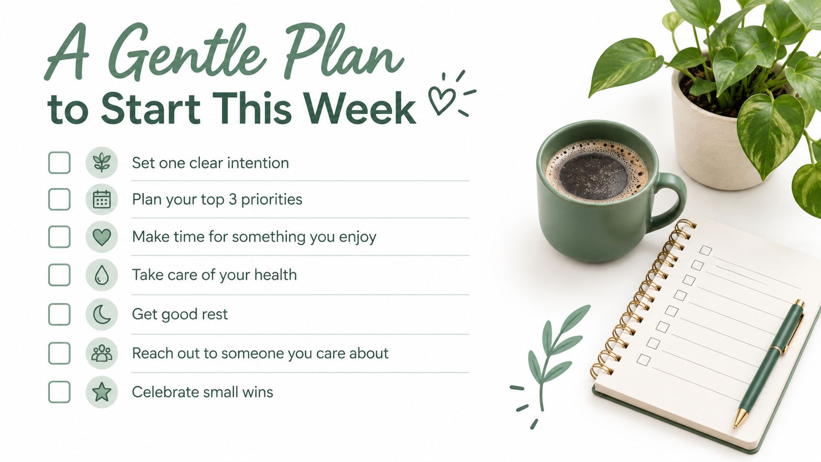 A weekly checklist infographic titled A Gentle Plan to Start This Week next to coffee and stationery.