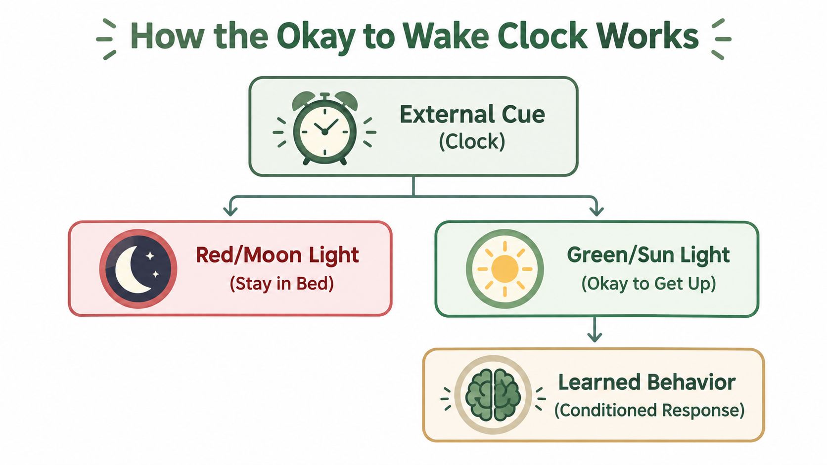 A flowchart explaining how an okay to wake clock uses red and green lights to condition sleep behavior.