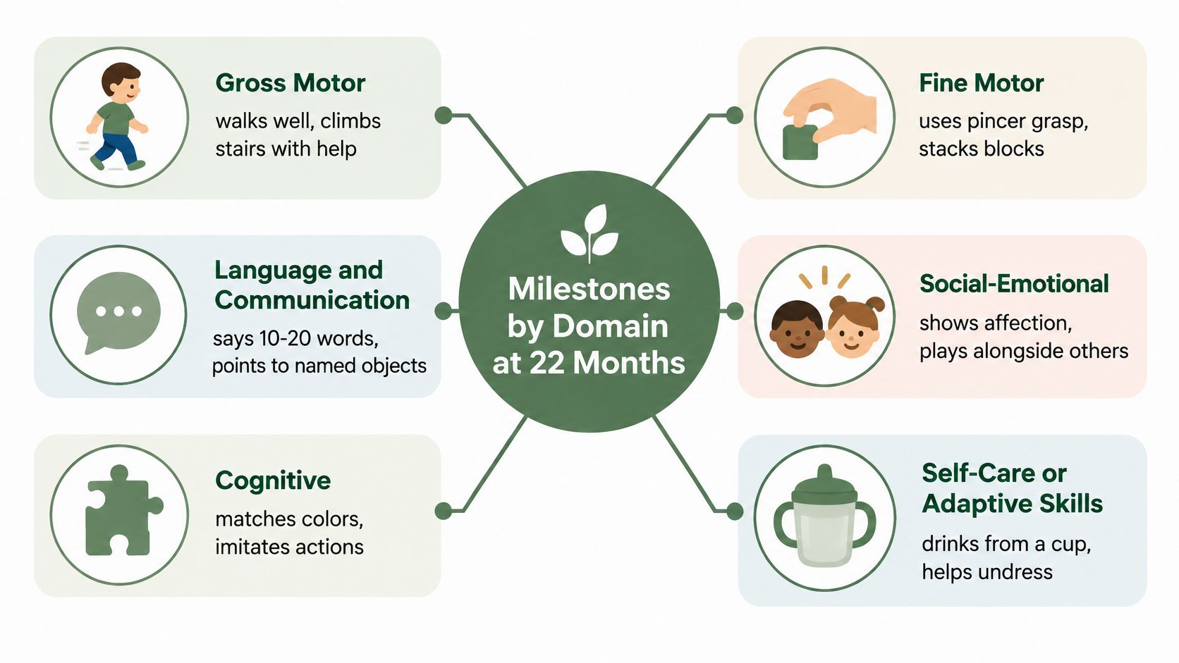 A diagram outlining 22-month child development milestones categorized by gross motor, fine motor, communication, cognitive, social, and adaptive skills.