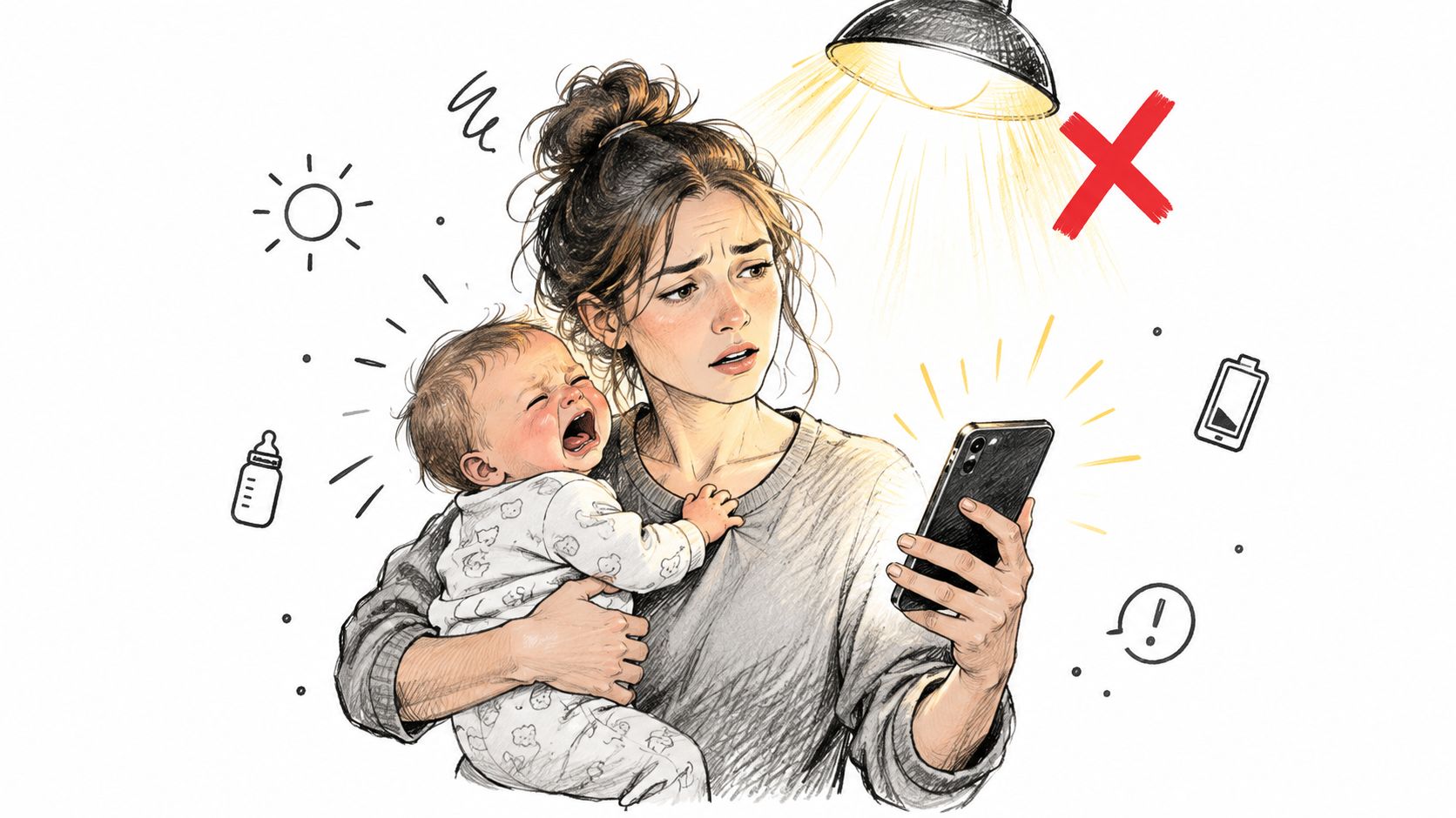 A distressed mother holding a crying baby while looking at a smartphone under bright overhead lighting.