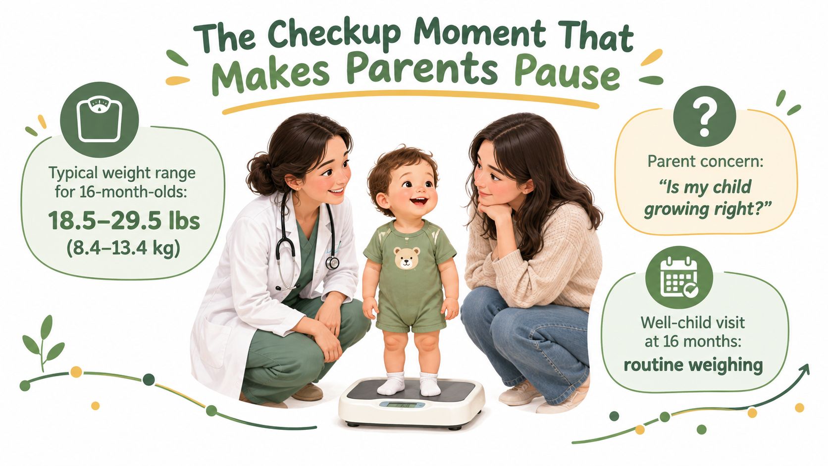 A doctor and a mother watching a 16-month-old toddler being weighed during a routine medical checkup.