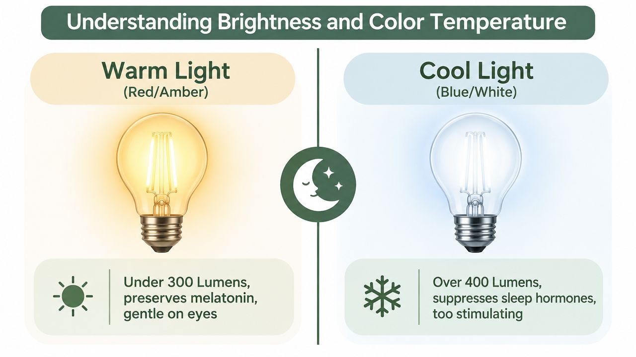 An infographic comparing warm light and cool light effects on sleep, brightness, and hormone levels.