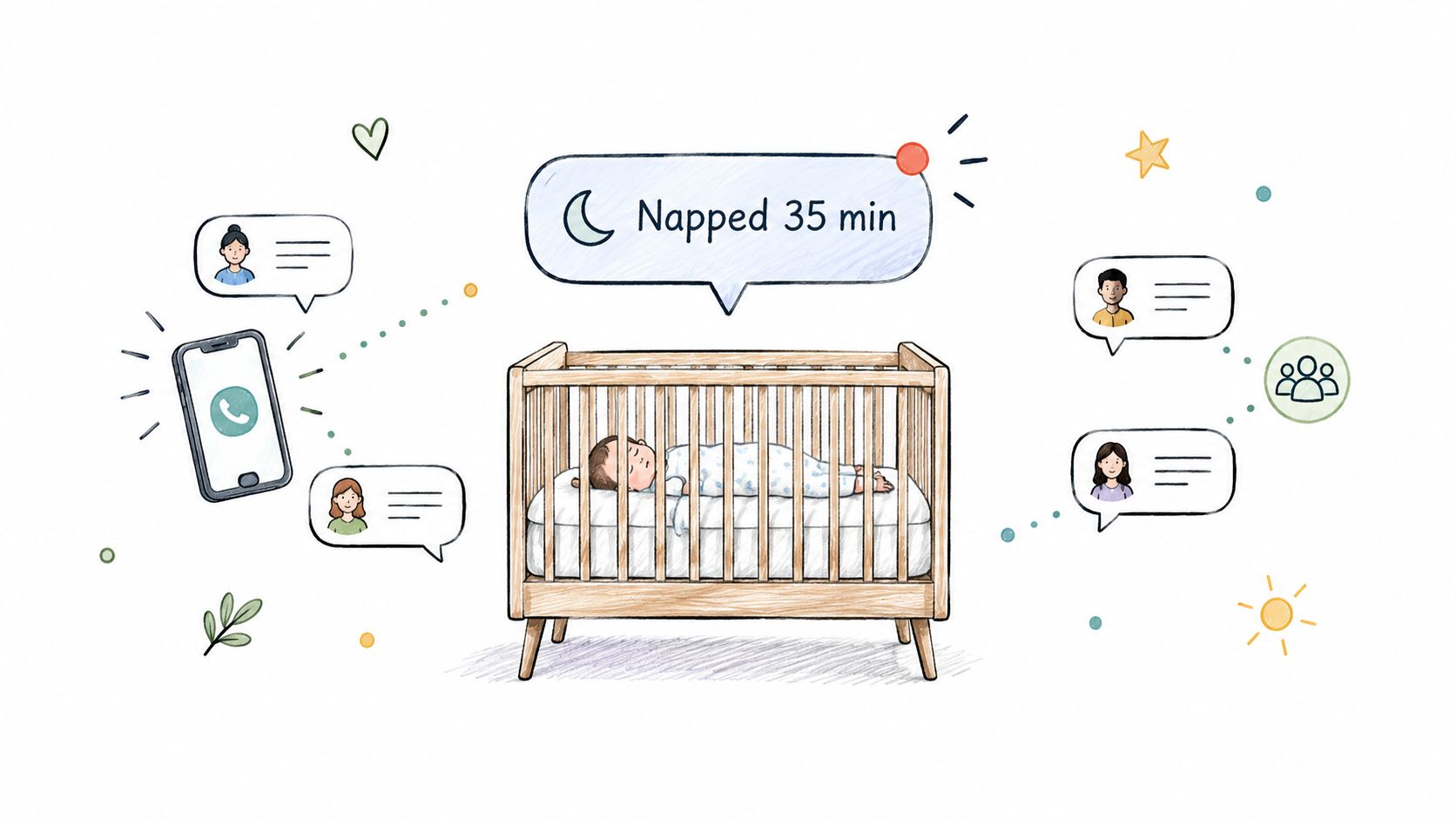 A digital illustration showing a baby sleeping in a crib with notifications connecting to family members.